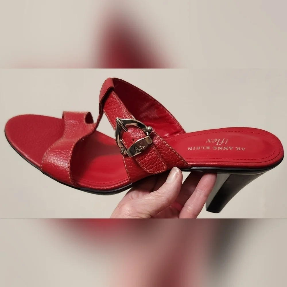 Anne Klein Red Leather iflex Monogram Bold Buckle Heels Sandals Size 10